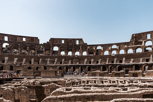 Interior view of an ancient amphitheater of the Colosseum, in Rome, Italy