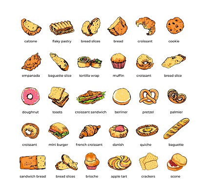 Colorful sketches of bread and bakery items. Doodle elements in retro style. Collection of artistic isolated hand drawn design elements for bakehouse, cafe, shop prints
