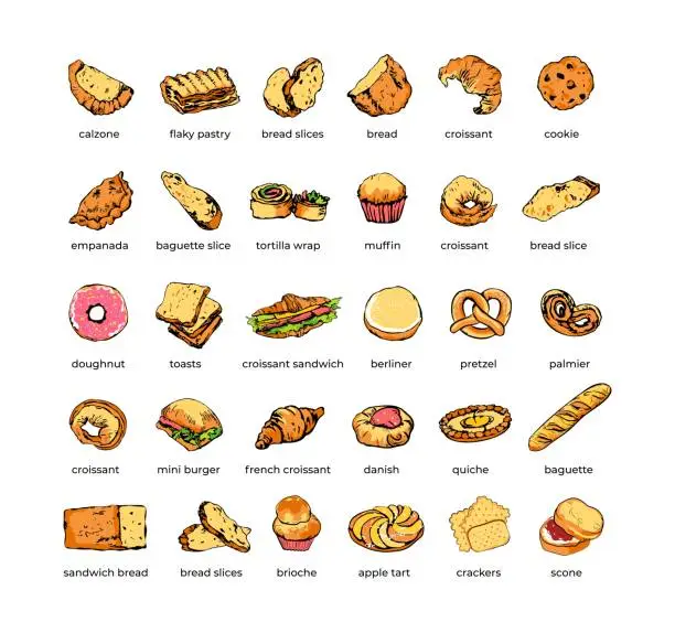 Vector illustration of Set of doodle bread and bakery items