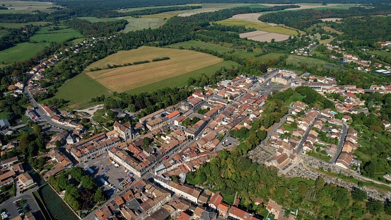 Aerial view of the city Sainte-Menehould in France on a sunny day in summer.
