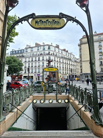 Paris Métro Entrance hold in Art Nouveau Style. The Paris Métro was opened in 1900 and has now a system length of 214 km.