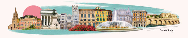 коллаж фасадов итальянских зданий в старой части города генуя, италия. - collage monument ancient italy стоковые фото и изображения