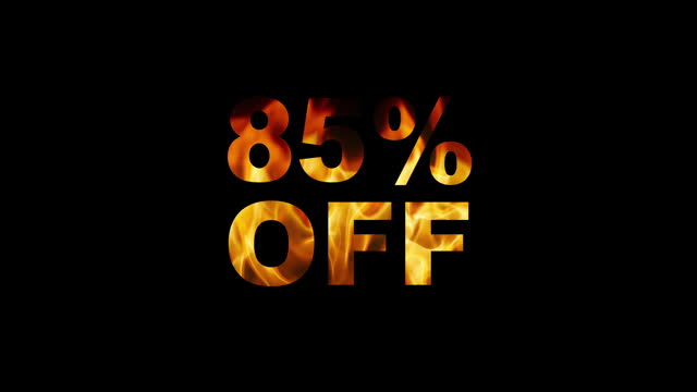 Eighty five percent discount. Burning text, glowing fire letters on black background and white background. Fire text, Flame word, Flame text, Flaming letters.