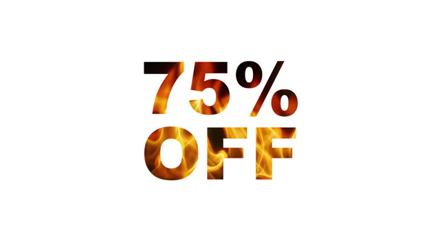 Seventy five percent discount. Burning text, glowing fire letters on black background and white background. Fire text, Flame word, Flame text, Flaming letters.