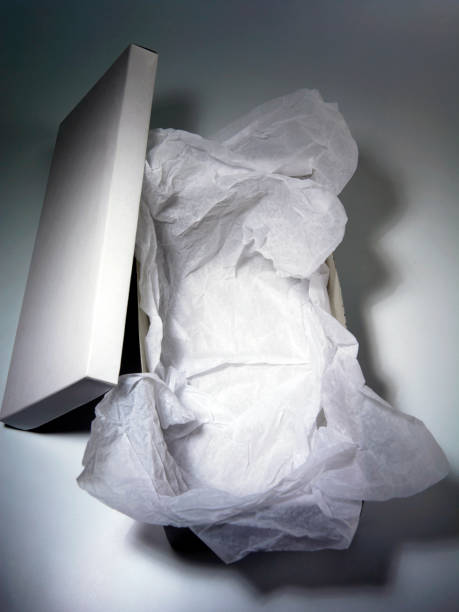 istock white opened shoe box container on a white background with wrapping paper. 1692499175