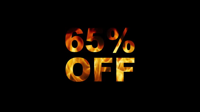 Sixty five percent discount. Burning text, glowing fire letters on black background and white background. Fire text, Flame word, Flame text, Flaming letters.