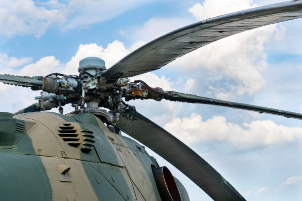 istock Old Soviet-made camouflage Mi-24 military helicopter propeller 1692520530