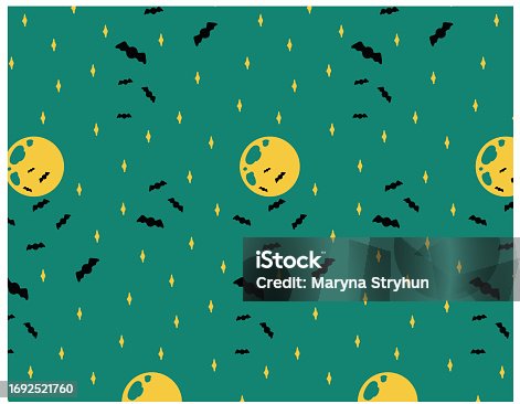istock Halloween pattern, yellow moon and bats. On a transparent background, vector design, starry sky. 1692521760