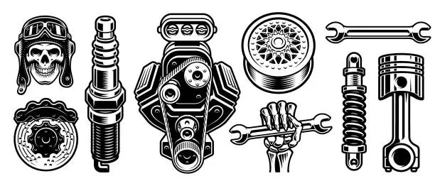 Vector illustration of Set of black and white auto parts