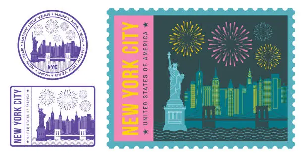 Vector illustration of NYC 2024 New Year's Party Rubber Stamp Postage Mail