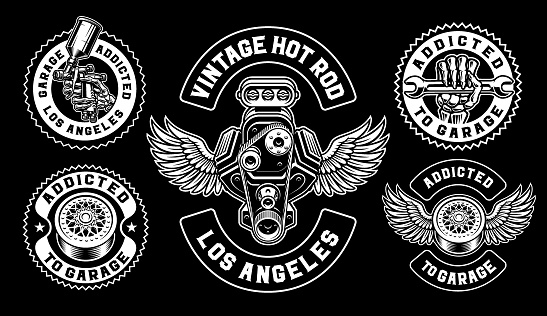 Hot rod themed vintage badges black and white