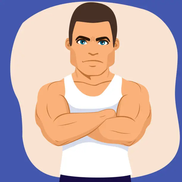 Vector illustration of Strong Bodybuilder Man Crossing Arms