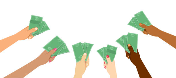 Diverse People Hands Holding Money vector art illustration