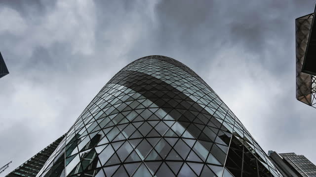Looking directly up at the skyline of the financial district in central London