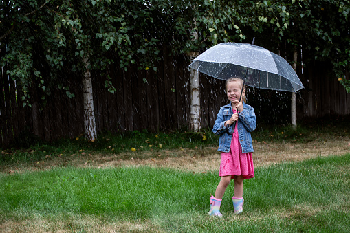 little girl in the rain under an umbrella