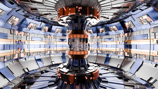 Abstract Reactor Tokamak - 3d render image of  nuclear fusion reactor, tokamak magnetic field to confine plasma in the shape of a torus. Toroidal shape, clean energy.