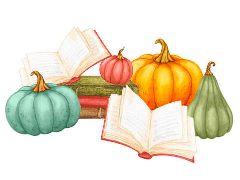 istock Autumn composition with pumpkins and books. Bestseller, autumn mood, cozy home, Thanksgiving, Harvest Festival. Hand-painted watercolor for posters, notices, advertising, etc. 1692575248