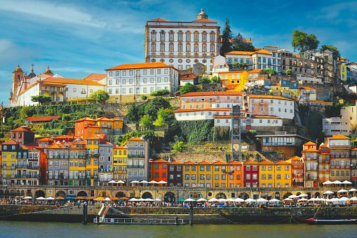 Porto, Portugal - 12.25.2022 : view of the old city of Porto from another side of Douro river, Portugal