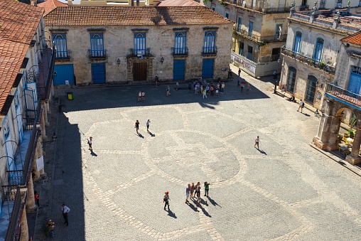 Havana, Cuba, November 20, 2017: Aerial view of the Plaza de la Catedral in the downtown of Havana on a sunny day.
