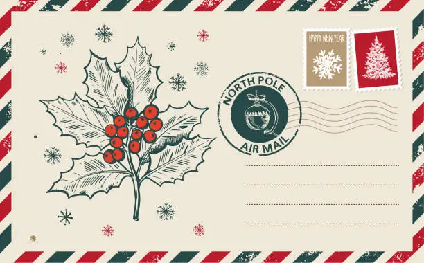 Vector illustration of Christmas mail, postcard, hand drawn illustration.