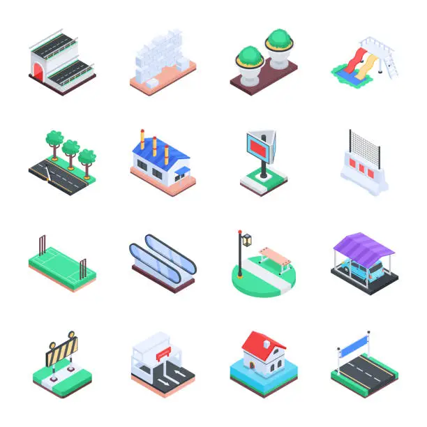 Vector illustration of Collection of Isometric City Objects Illustrations