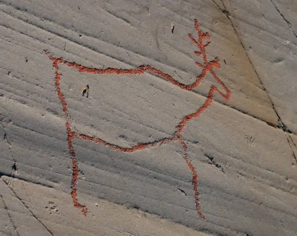 Photo of Mesmerizing prehistoric rcok carvings and red ochre paintings Alta, Troms og Finnmark county, Norway. Reindeer scene