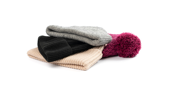 Winter Hats Isolated, Knitted Winter Clothes, Woolen Hat Pile, Sports Cap, Knit Beanie on White Background