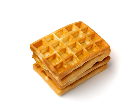 Belgian Waffle Isolated, Square Waffled Cookie, Soft Golden Belgium Waffles, Wafer Biscuit Breakfast on White Background