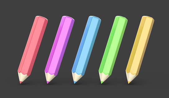 Set of five cartoon style colored pencils on grey background