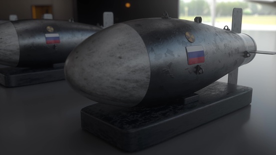Nuclear Missile with flag of RUSSIA. Weapons of mass destruction. Nuclear, chemical weapons, radiation. 3d illustration.