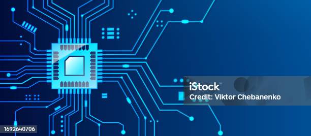 Microprocessor Poster Design Microchip Processor Banner With Blue Background Vector Illustration ...