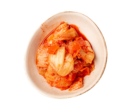 Kimchi Isolated, Kimchee in White Bowl, Red Spicy Kim Chi, Hot Fermented Napa Cabbage, Traditional Jimchi, Korean Winter Food Gimchi, Kimchi on White Background Top View