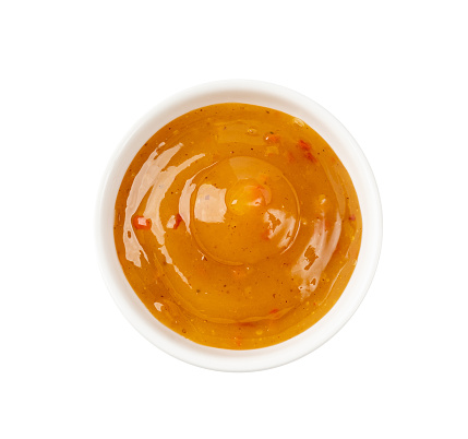 Mango Chutney Isolated, Sweet Orange Chili Paste in Bowl, Mango Chilli Sauce Drops on White Background