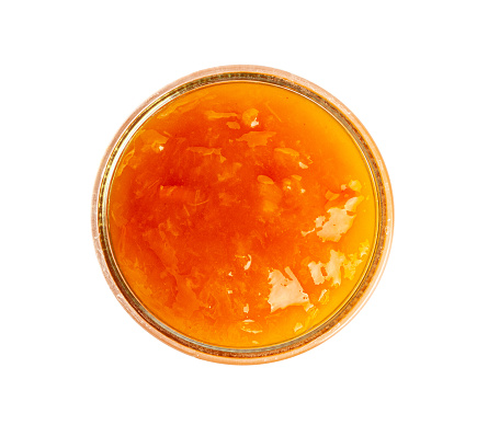 Orange Jam in Bowl Isolated, Apricot Marmalade, Fruit Jelly Fruity Confiture, Yellow Red Syrup in Spoon, Mango Sauce, Orange Jam Glass Bowl on White Background