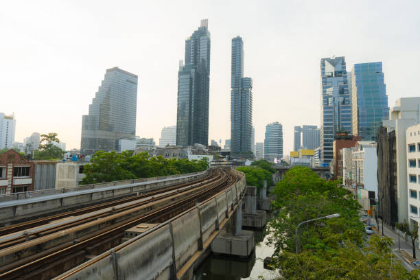 Bangkok cityscape and BTS line  at sunset