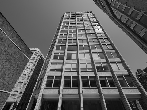 The Economist Building iconic new brutalist architecture in black and white in London, UK