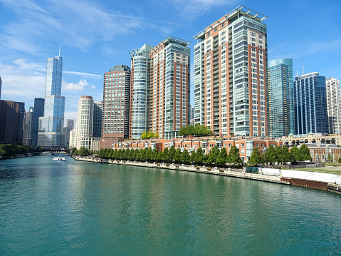 Chicago skyline and waterfront of the Chicago River, Illinois