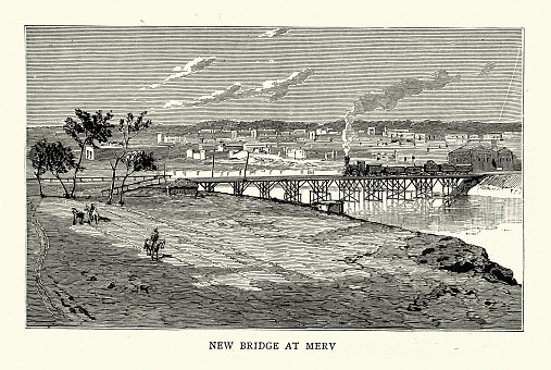 Vintage illustration of Railway bridge at Merv, on the Transcapian Railway from the Caspian Sea to Samarkand 1888