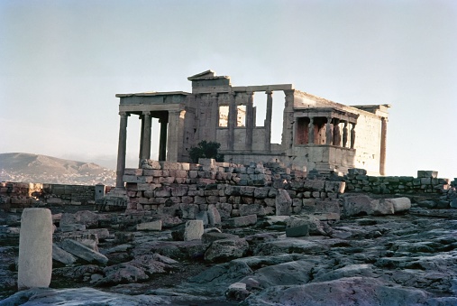 Athens, Greece- July 9, 1955: View of the Temple of Athena Polias (the Erechtheion) on the Athens acropolis as it appeared in 1955.