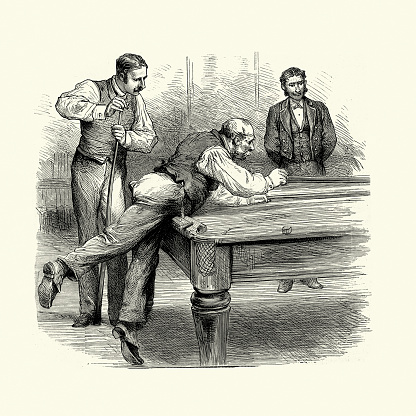 Vintage illustration of Two men playing a game of billards, Victorian, Sports, 19th Century