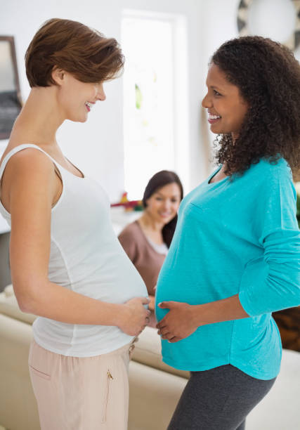 Beautiful lesbian couple expecting baby sitting together - Indoors