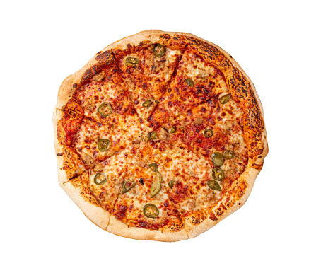 Italian Pizza Isolated, Ham Pizza with Green Hot Pepper, Chili Pepper and Mozzarella Cheese, Traditional Italian Flatbread on White Background, Clipping Path