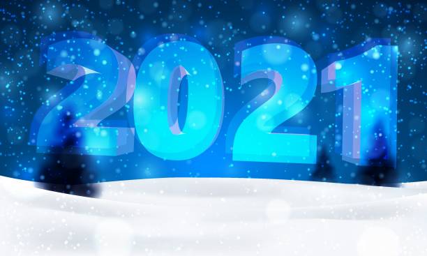 istock Christmas night background with fir trees and snow, dark blue sky and illuminated ice numbers. Vector illustration. Merry Christmas poster. Holiday design, decor. Vector illustration. 1692728186