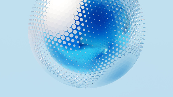 Abstract Technology. 3D sphere surrounded with hexagonal 3d elements.