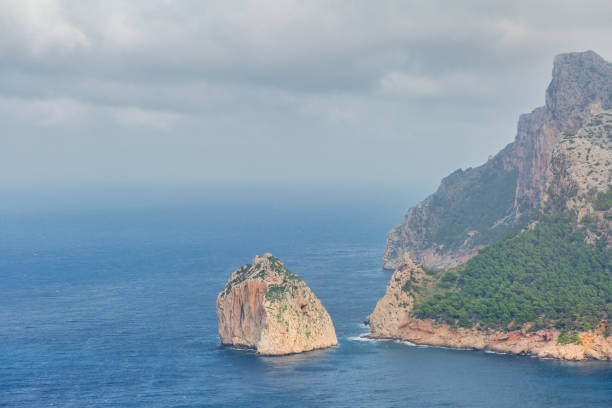Landscape of rocky coast before a storm under gloomy dramatic sky (cape formentor). Mallorca. Balearic islands. Spain