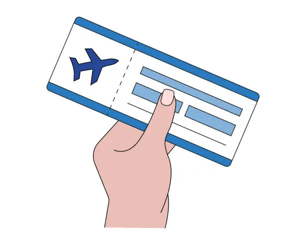 Vector illustration of Hand holding flight ticket. Flying on an airplane. Light-skinned human hand holding a paper ticket for flying transport
