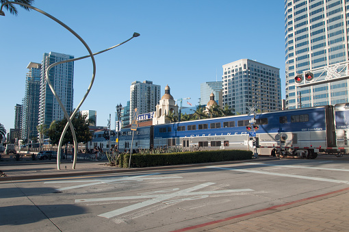 San Diego, California, USA – August 16, 2023. Amtrak train at Santa Fe Depot in downtown San Diego