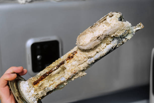 istock Heating element of an electric water heater with a rusty anode and a tube covered with scale. Serviceman holds a damaged part in his hand. Service and repair. 1692768456