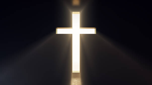 Cross shaped opening in a dark room with bright light shining through, religious symbol, concept of salvation, Christianity, 3D Render, 3D illustration