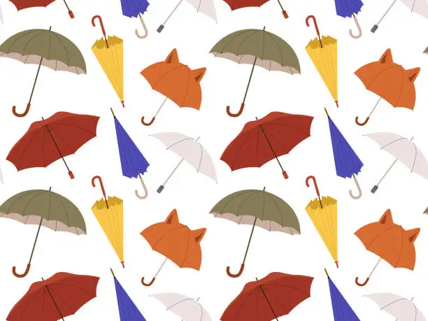 Vector illustration of Different Umbrellas in various positions seamless pattern. Open and folded umbrellas. Vector illustration in flat style